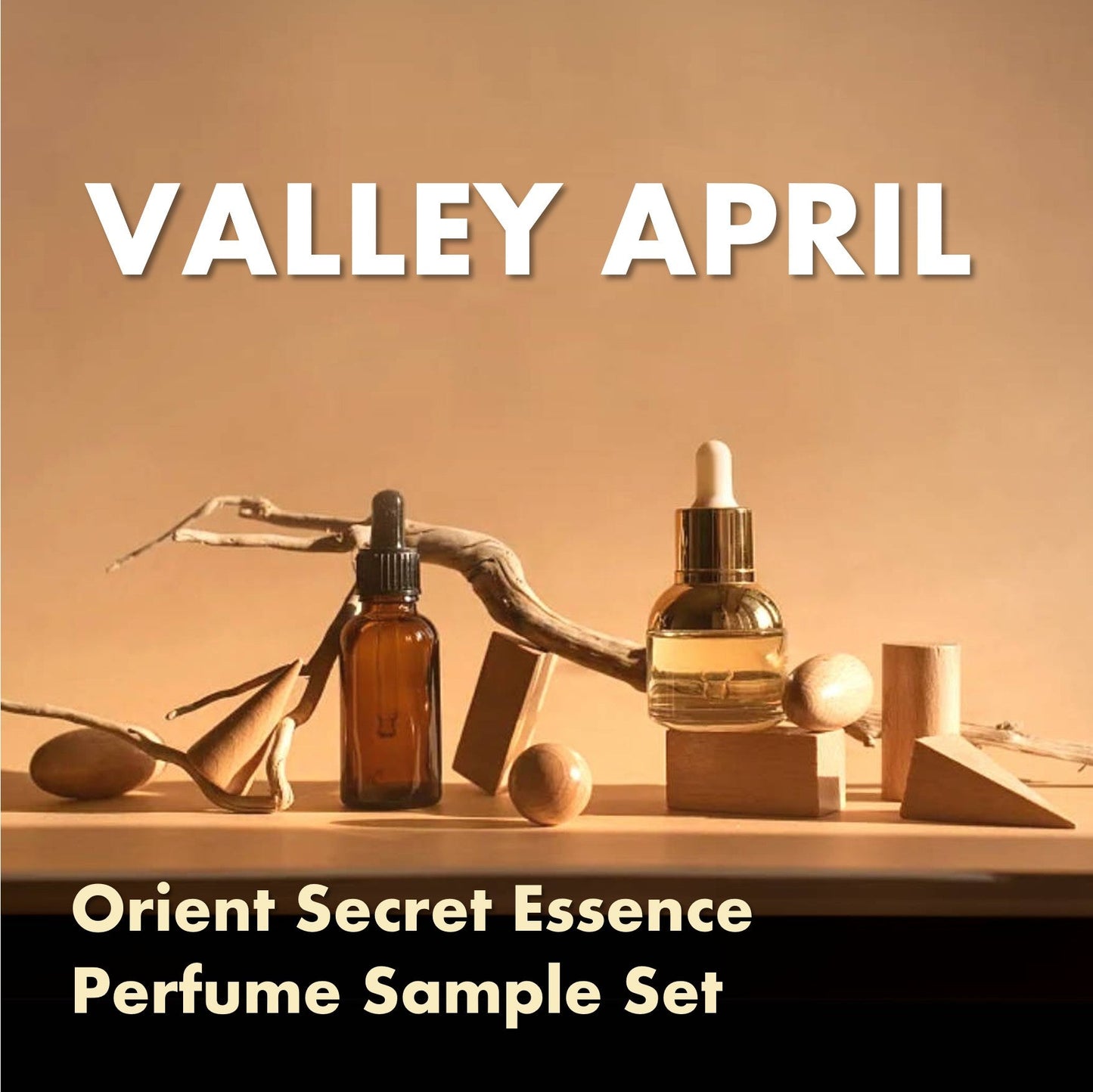 Valley April perfume bottles with driftwood and geometric props — Yunnan niche fragrance house