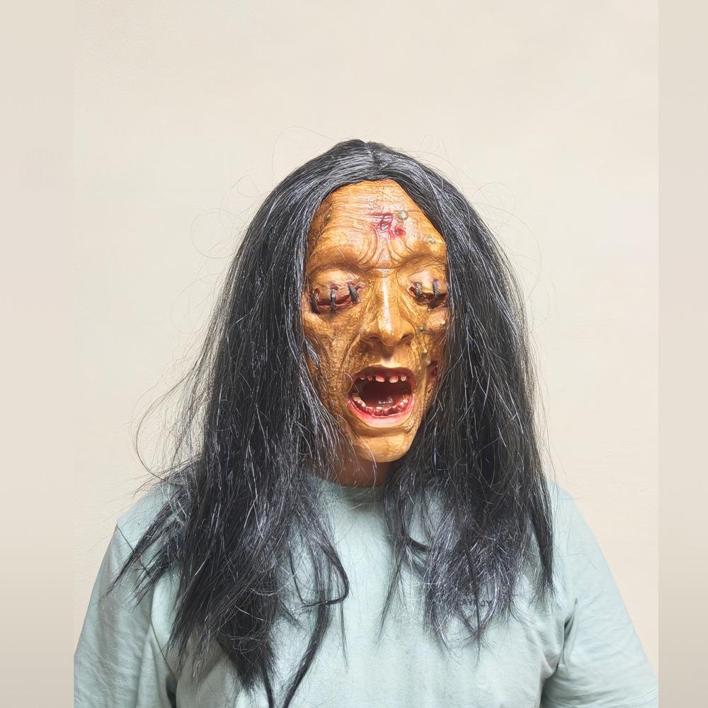 Full head latex zombie mask on model — showing fit and coverage