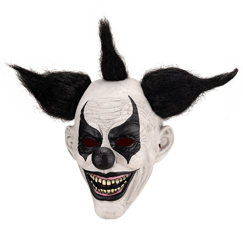 Full-head latex horror clown mask — front view, black colorway