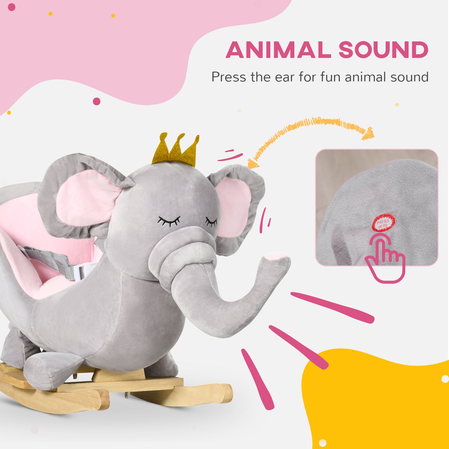 Toddler riding grey elephant rocking chair — first conversation piece