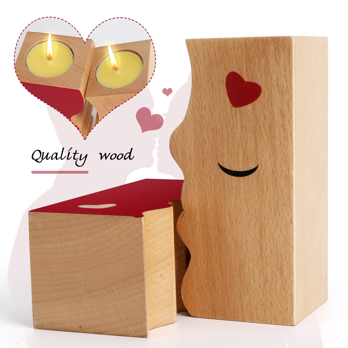 Kissing Couple Wooden Candle Holders - Romantic Gift Set