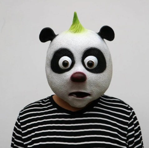 Punk panda mask worn over striped shirt — showing fit scale and party-ready character