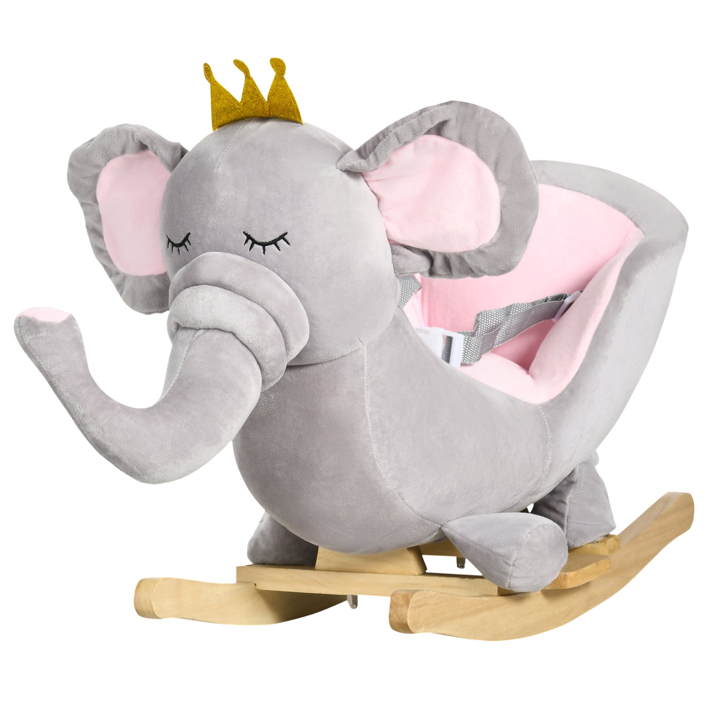 Grey plush elephant rocker with gold crown — pink cupped seat and seatbelt detail