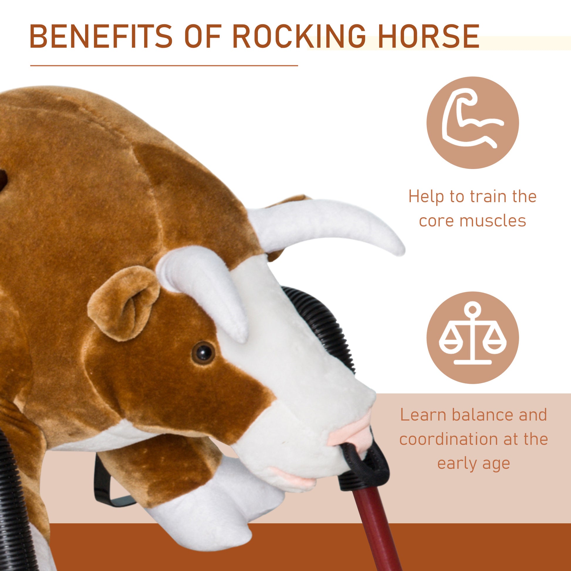Kids riding spring bull rocker - joyful bounce moment with foot pedals in use