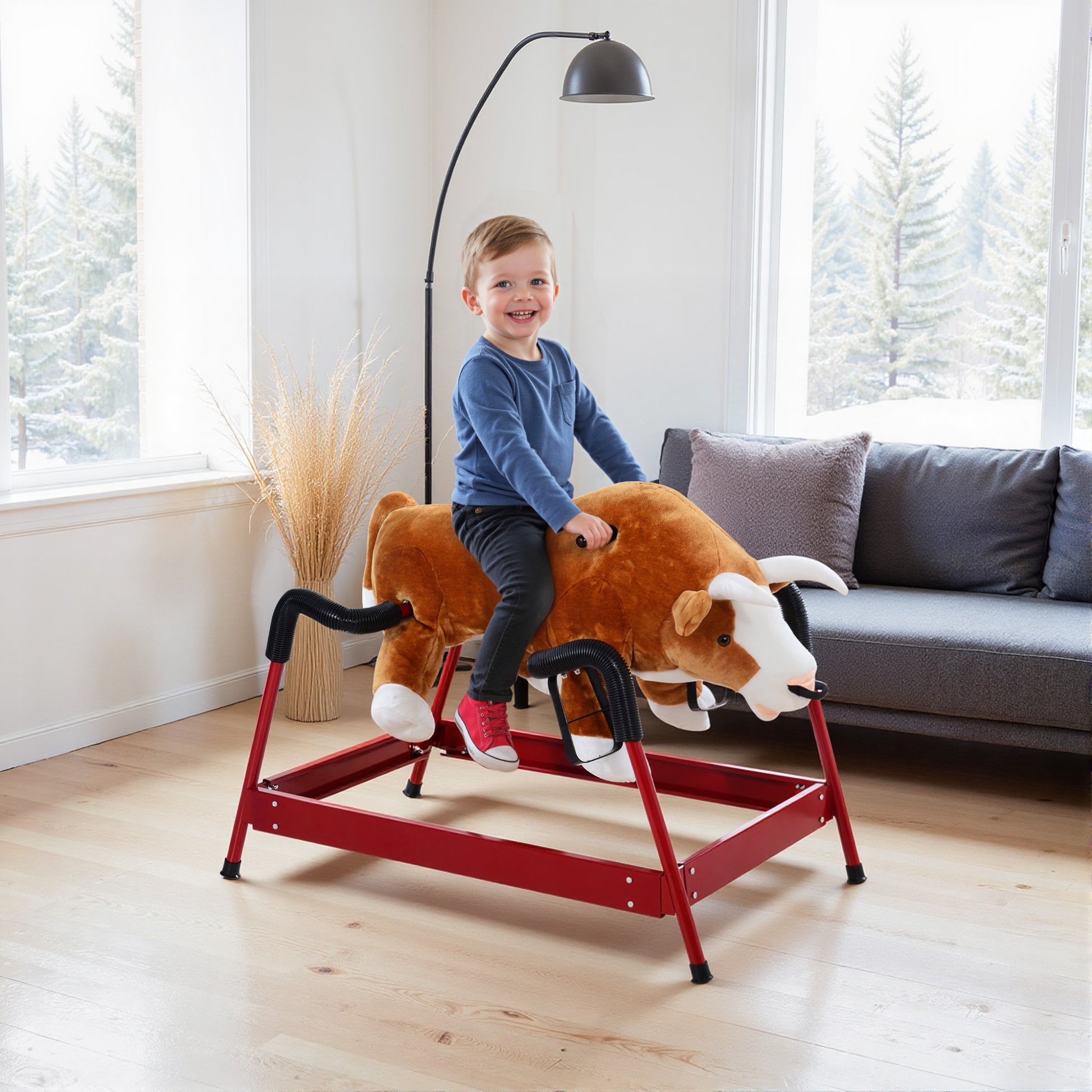 Spring rodeo bull rocker - full side view showing plush brown body and steel spring base