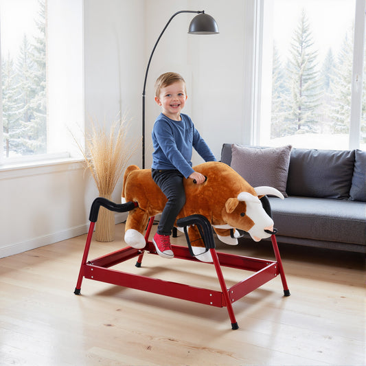 Spring rodeo bull rocker - full side view showing plush brown body and steel spring base