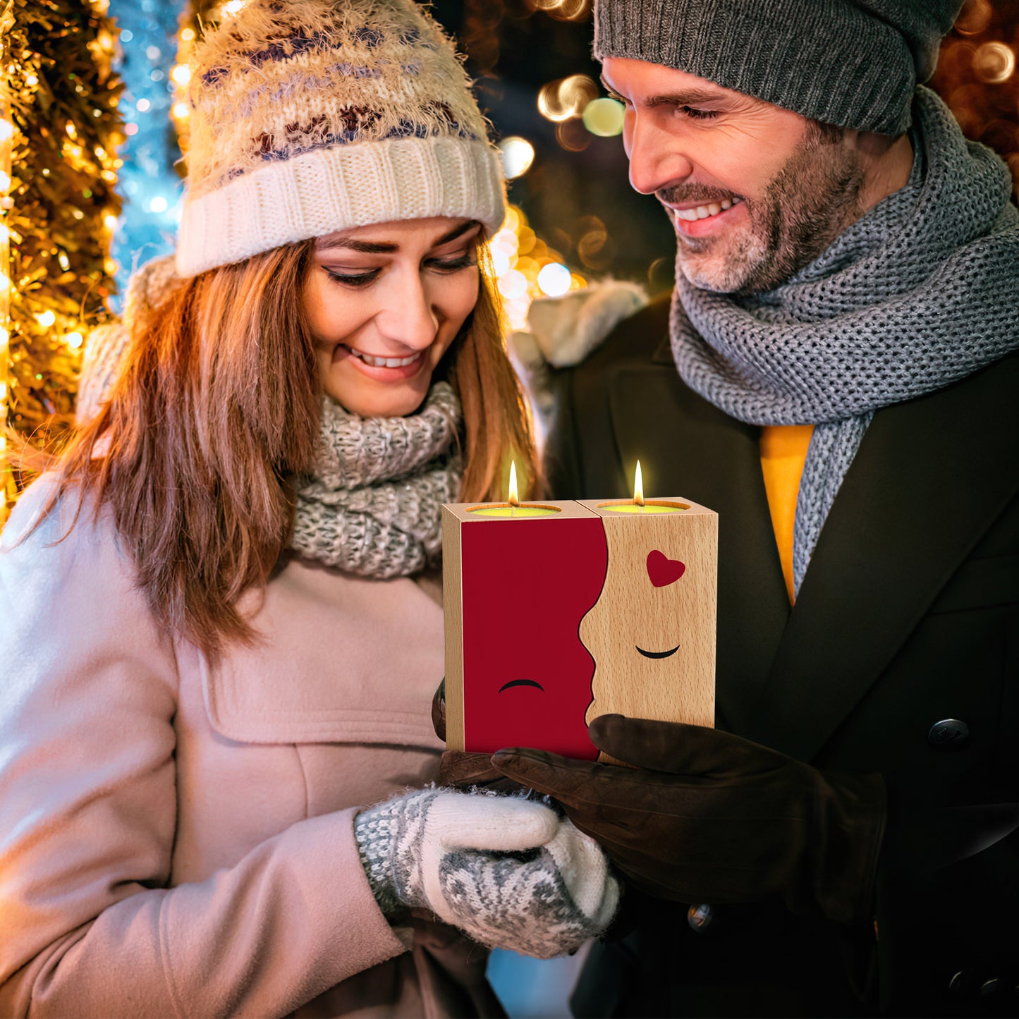Kissing Couple Wooden Candle Holders - Romantic Gift Set