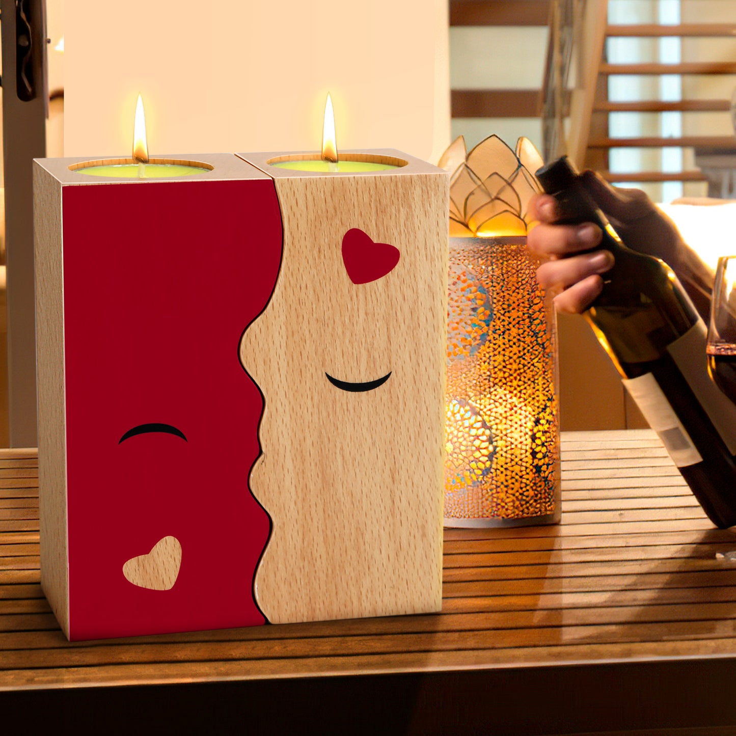 Kissing Couple Wooden Candle Holders - Romantic Gift Set