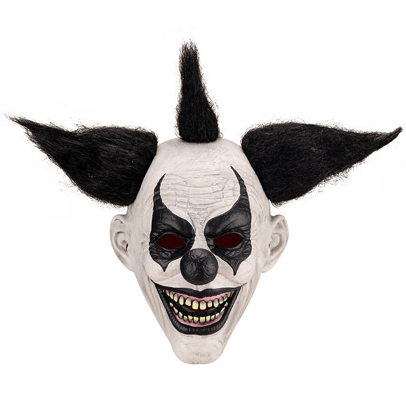 Full-head latex horror clown mask — front view, black colorway