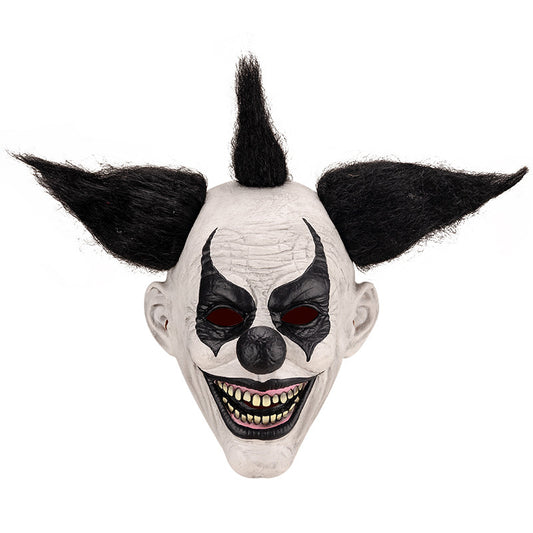 Full-head latex horror clown mask — front view, black colorway