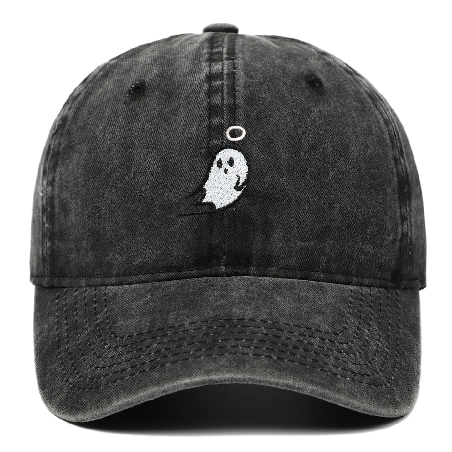 Distressed Gray Baseball Cap with Ghost & Halo Embroidery