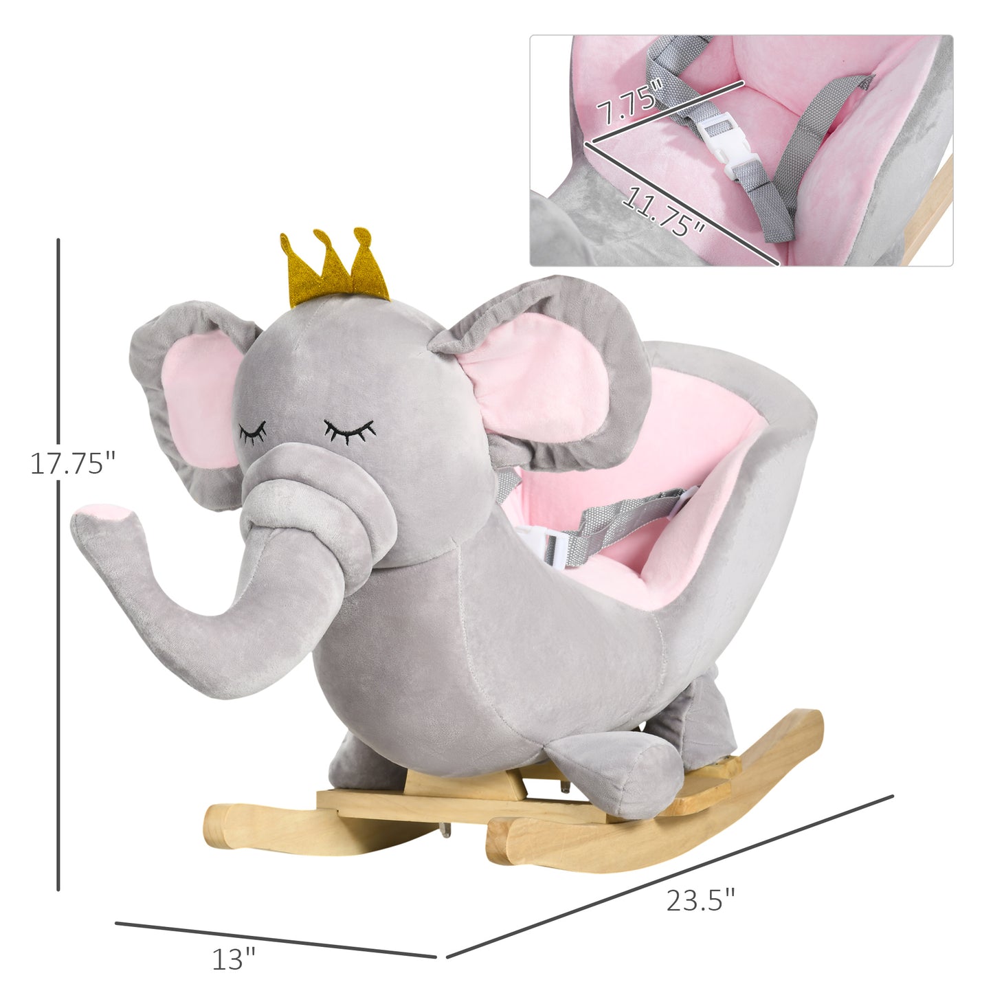 Toddler elephant rocker side view — solid poplar wood frame