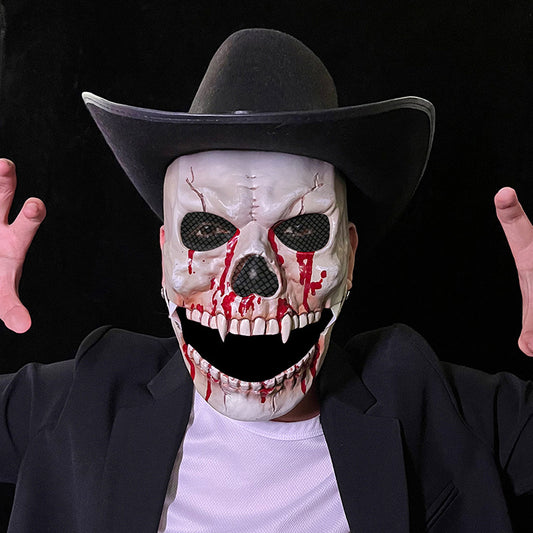 Model wearing skull jaw mask — dripping blood variant