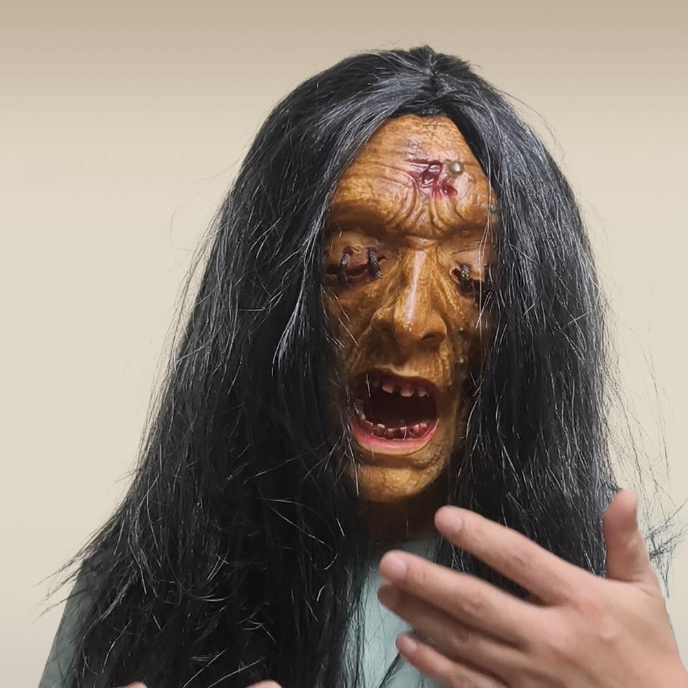 Black Hair Zombie Mask worn — rotting flesh detail with long dark hair, open mouth