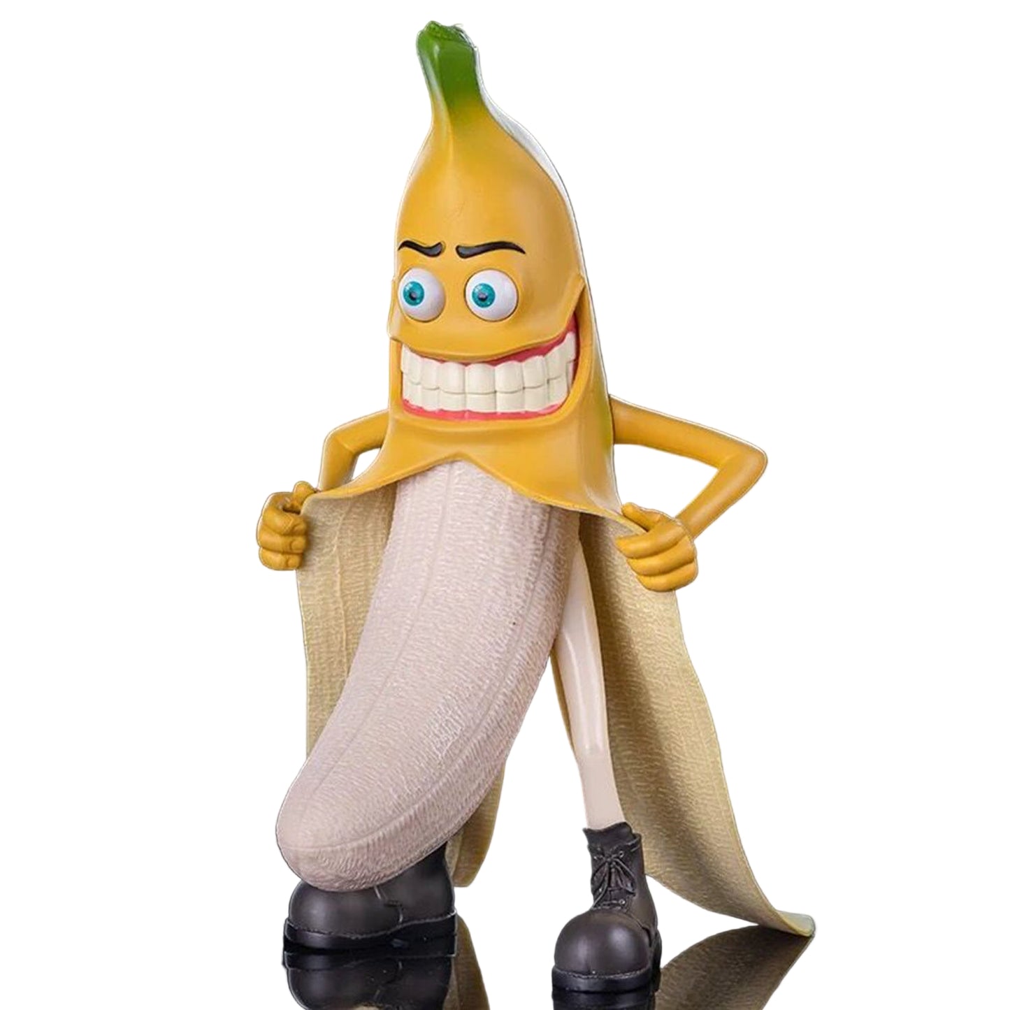 Animated banana character with a coat and boots on a black background