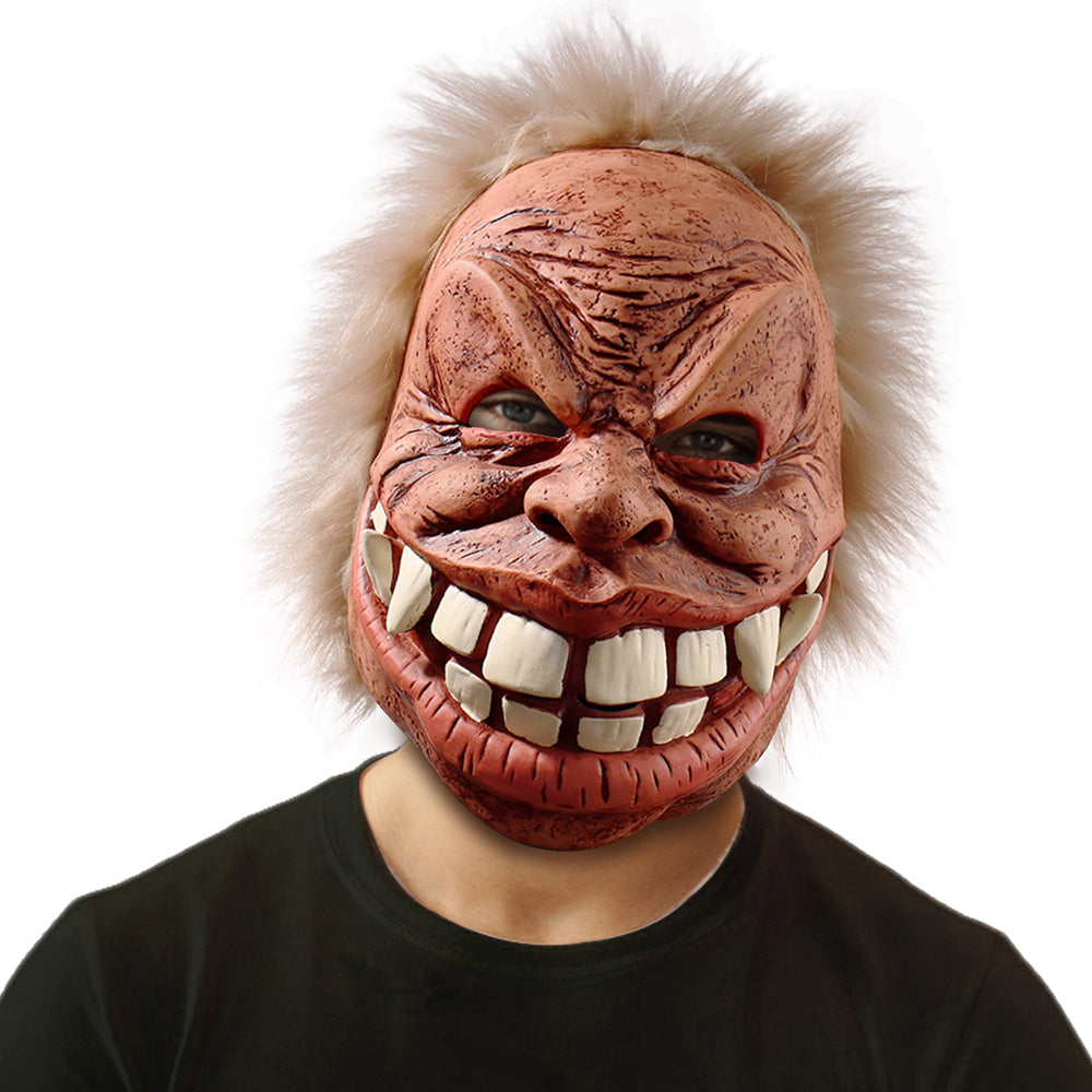 Latex Halloween mask worn by model — full effect