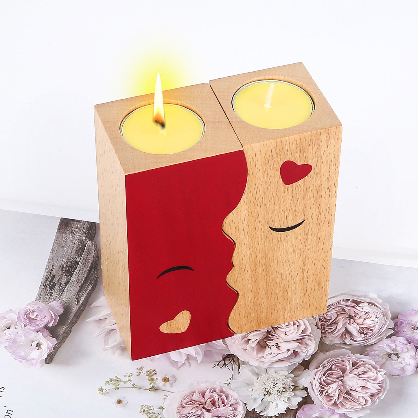 Kissing Couple Wooden Candle Holders - Romantic Gift Set