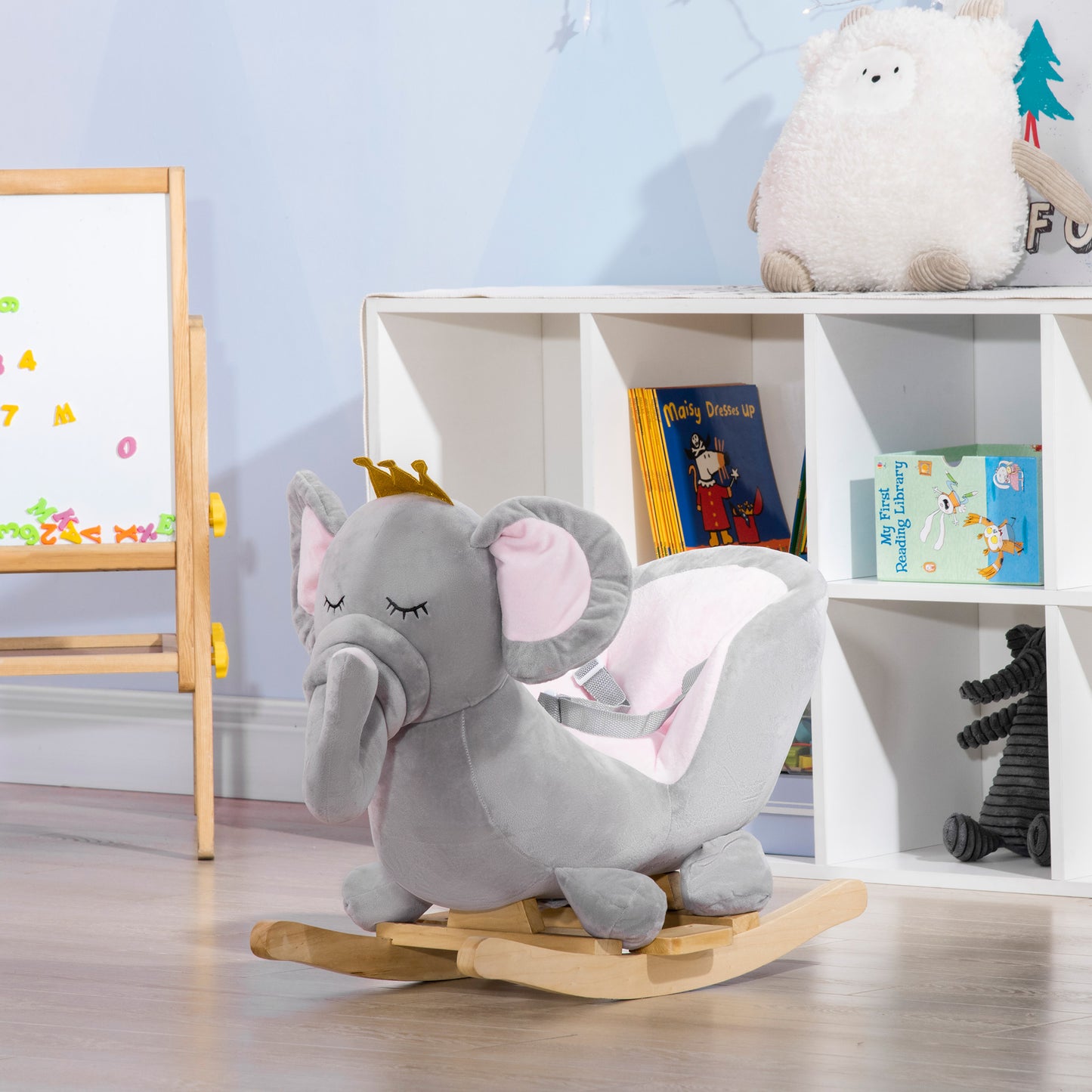 Elephant rocking chair with child — 23.5 inch length, 110 lb capacity